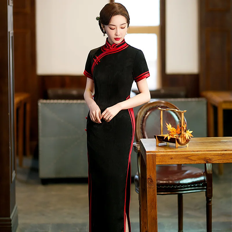 

2023 Spring Autumn New Black Slim Traditional Cheongsam Chinese Style Cheongsam Fashion and Dignified Qipao Evening Dress