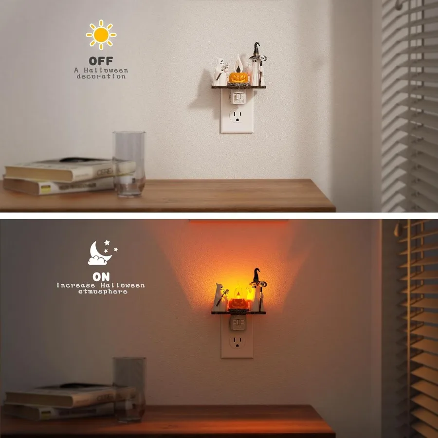 Halloween Night Light Amber Plugin Wall Light with 360 Rotatable Design Cute and Funny Flaming Jumping Ghost and Pumpkin Decora