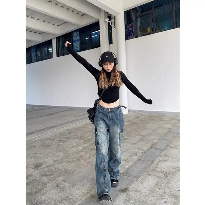 

New High-quality Retro Design Sense Zipper Straight Jeans Women's Street High Waist Slimming Loose Wide-leg Mopping Pants Trendy