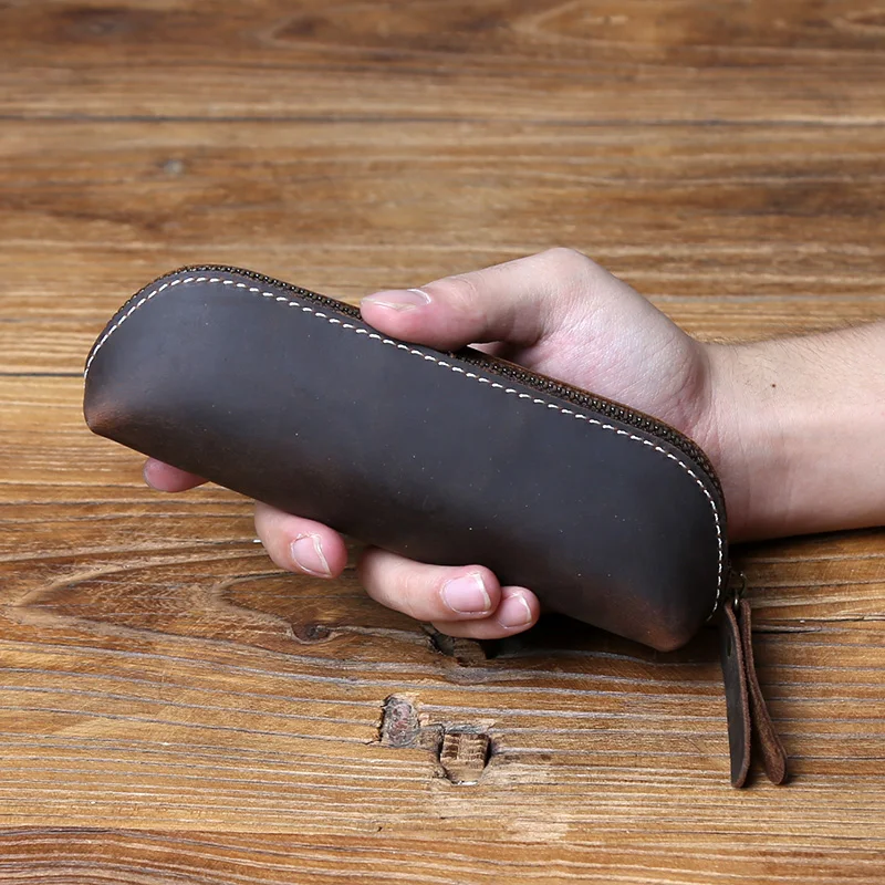 Retro Genuine Leather Pen Bag Crazy Horse Leather Pen Box Storage Bag Zipper Glasses Box Learning Supplies Stationery Wallet Bag