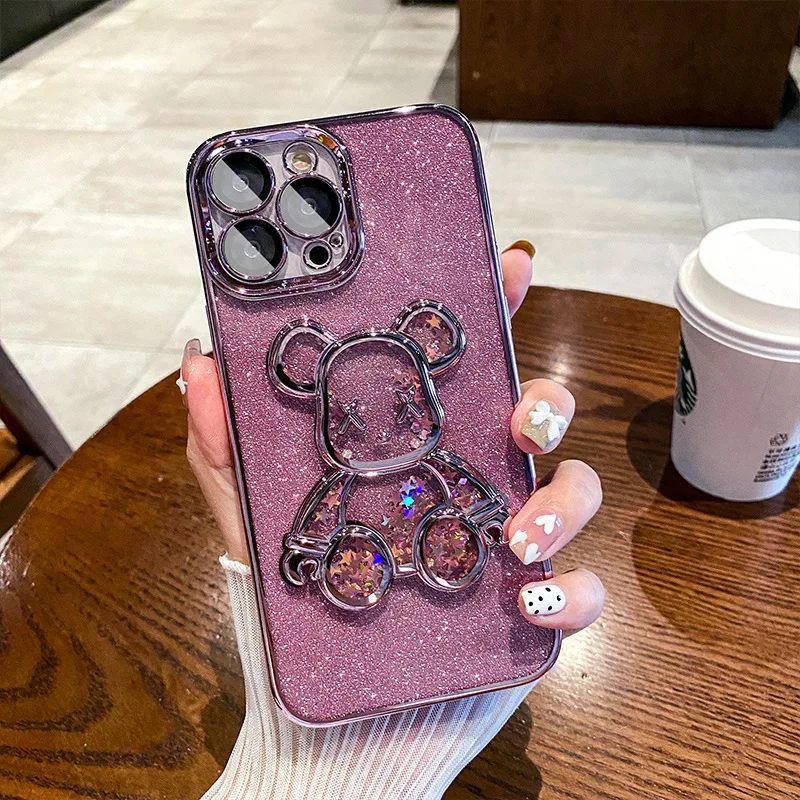 

Electroplated Silicone with Lens Film Phone Case Quicksand Glitter Violent Bear Suitable for iPhone 14 13 12 11 Pro X XR XS Max