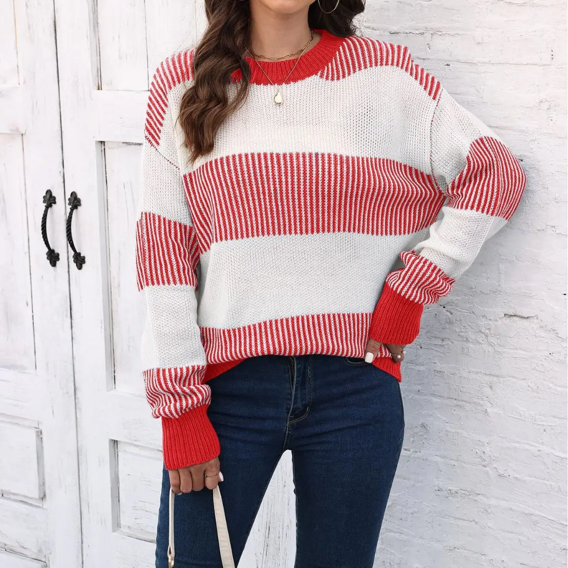 Women Autumn Winter Striped Knitted Sweater Pullover