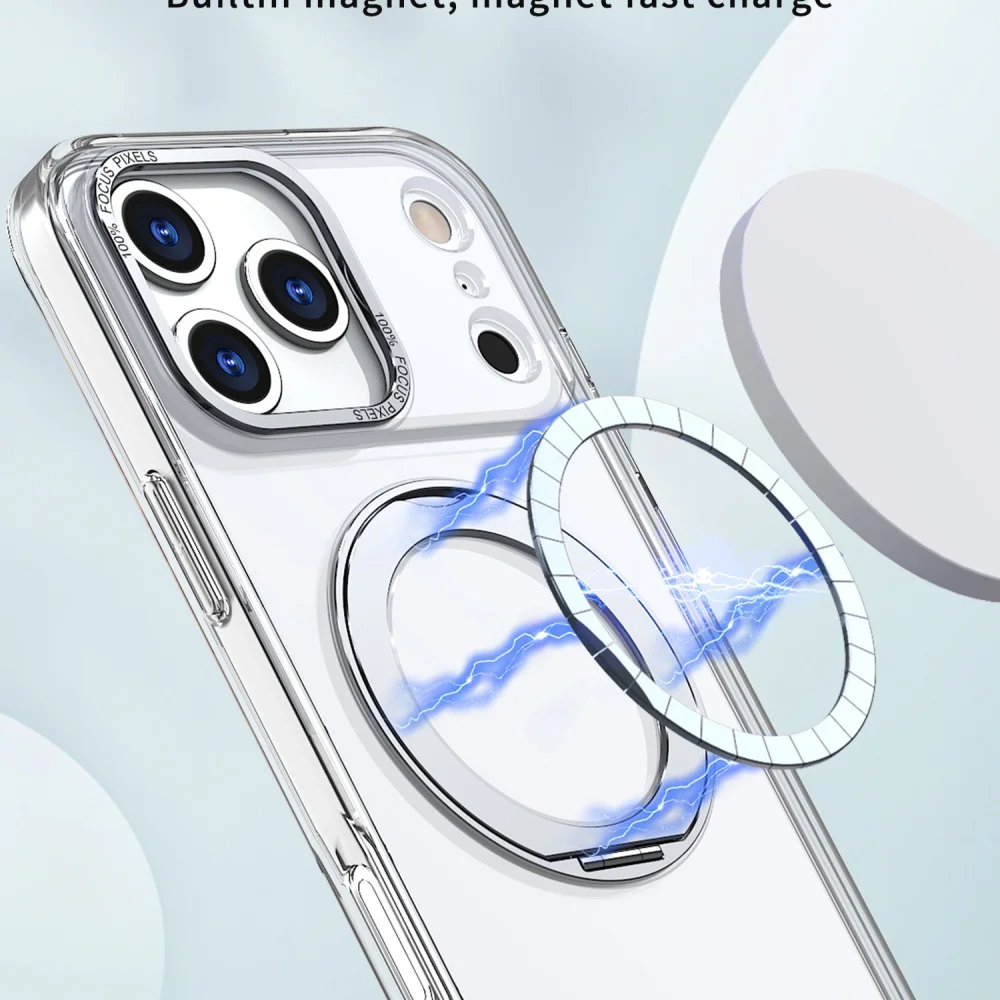 Luxury 360 Rotating Magnetic Stand Phone Case with Metal Ring and Foldable Bracket - Acrylic Clear