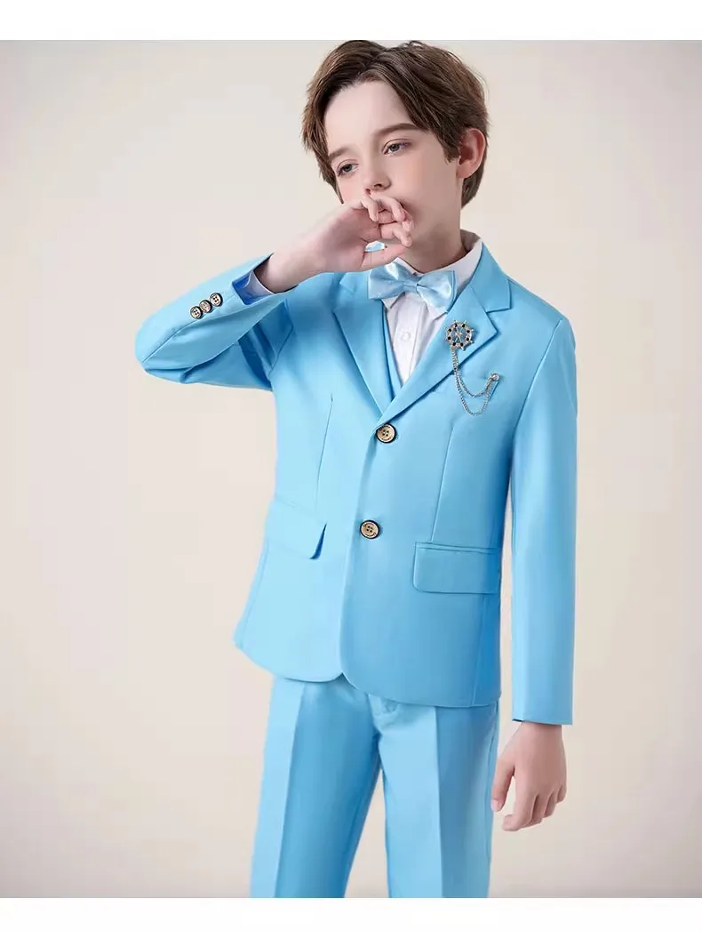 

Children Sky Blue Photography Suit Boys Jacket Vest Pants Bowtie 4PS Ceremony Costume Prince Kids Birthday Wedding Tuxedo Dress