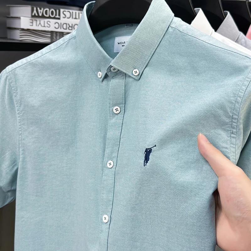 Solid Color Cotton Embroidered Small Horse Logo Shirt, Men's Short Sleeved Casual Versatile High-end Spring and Autumn Shirt