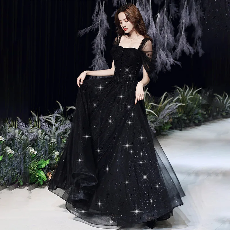 

Black Evening Dress, French 2024 New Annual Performance Dress, Shiny Sequin Suspender V-neck Slim Fit Dress