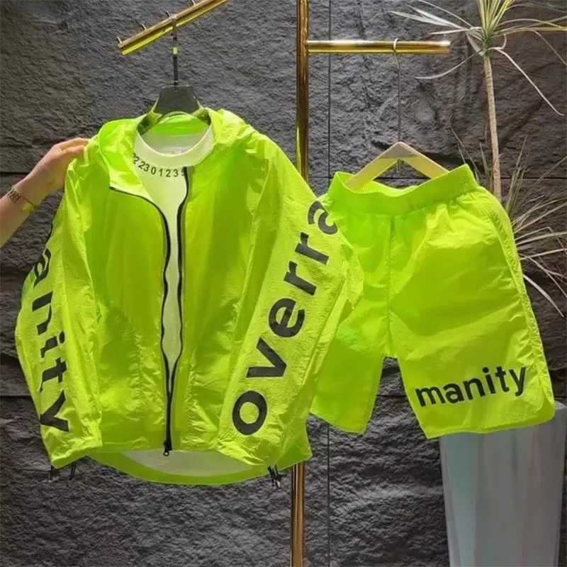 Summer Hiphop Sports Suit Casual Loose Sun Protection Clothing Thin Zipper Jacket Men’s High Street Shorts Couple Two-piece Top