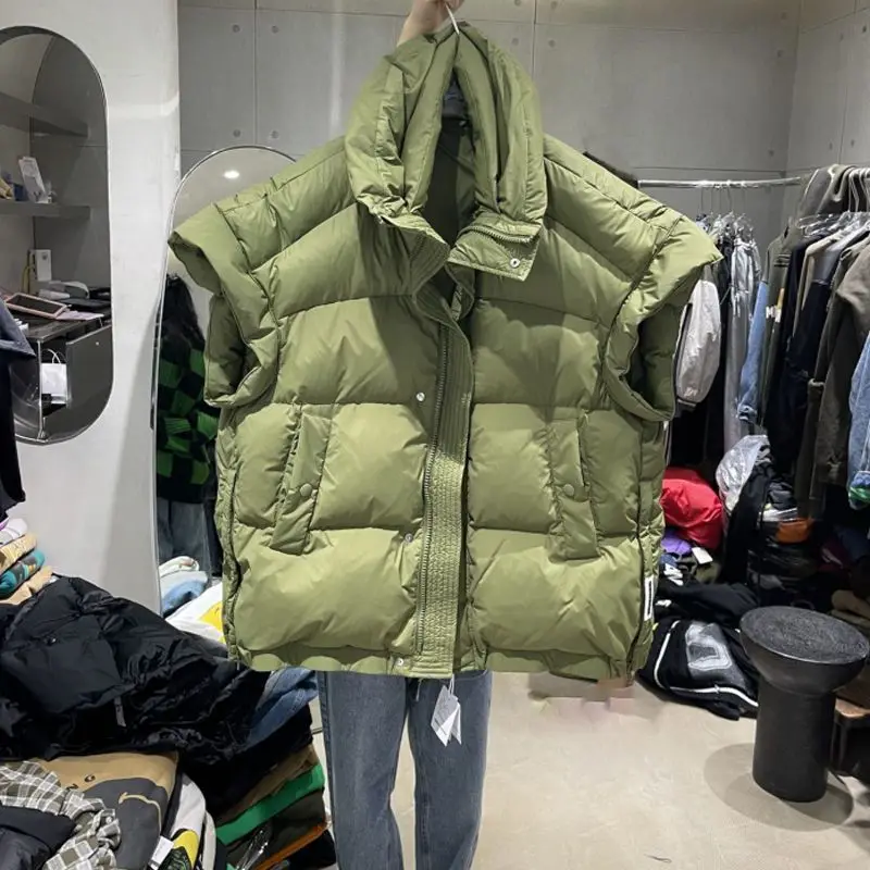 

2024 Spring Autumn Women New Cotton Vest Sleeveless High Collar Jacket Solid Loose waistcoat Streetwear Casual Outerwear
