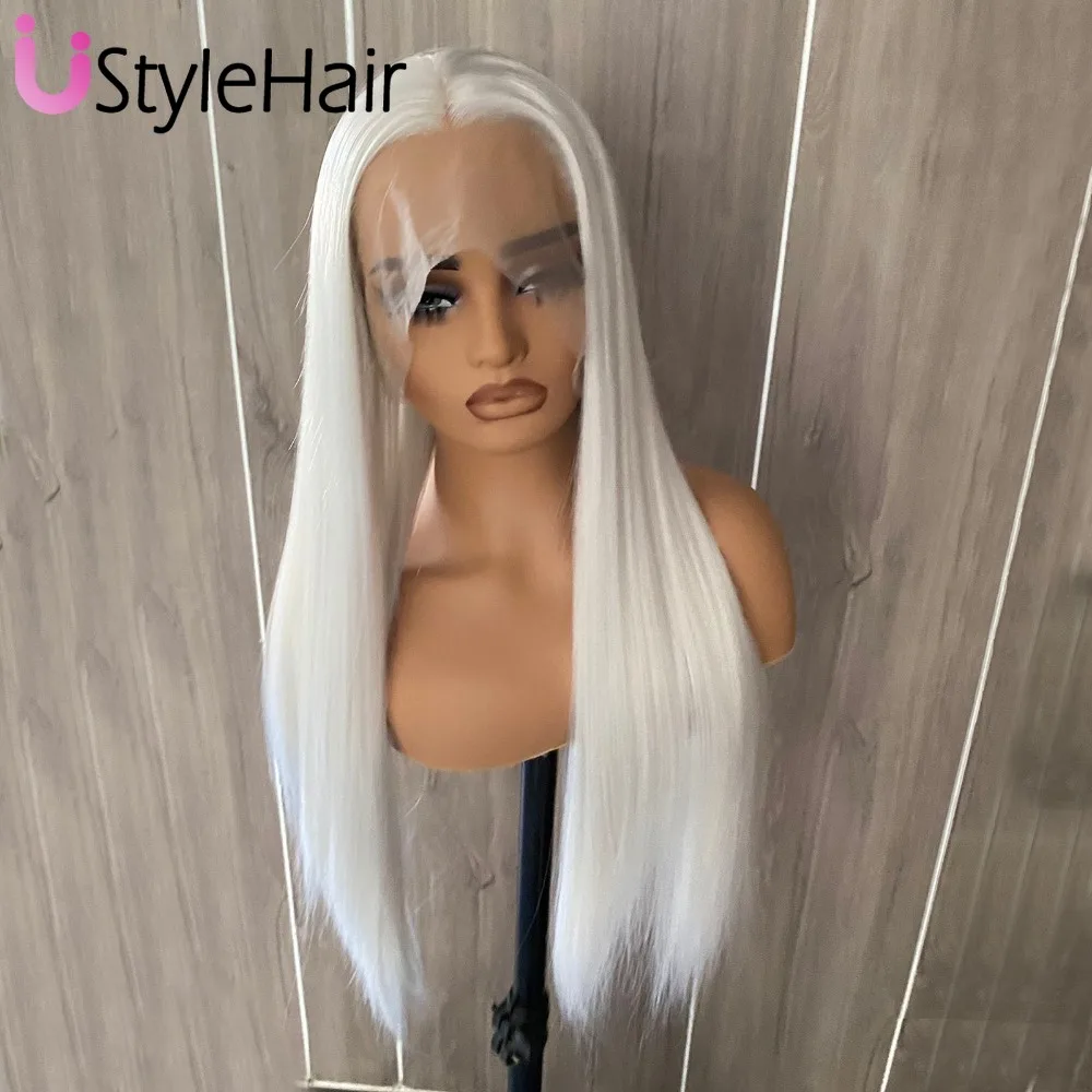 Synthetic Wig UStyleHair Ice White Wig Lace Front Synthetic Long Silky Straight Wig For Women Natural Hairline Daily Use Cosplay Platinum
