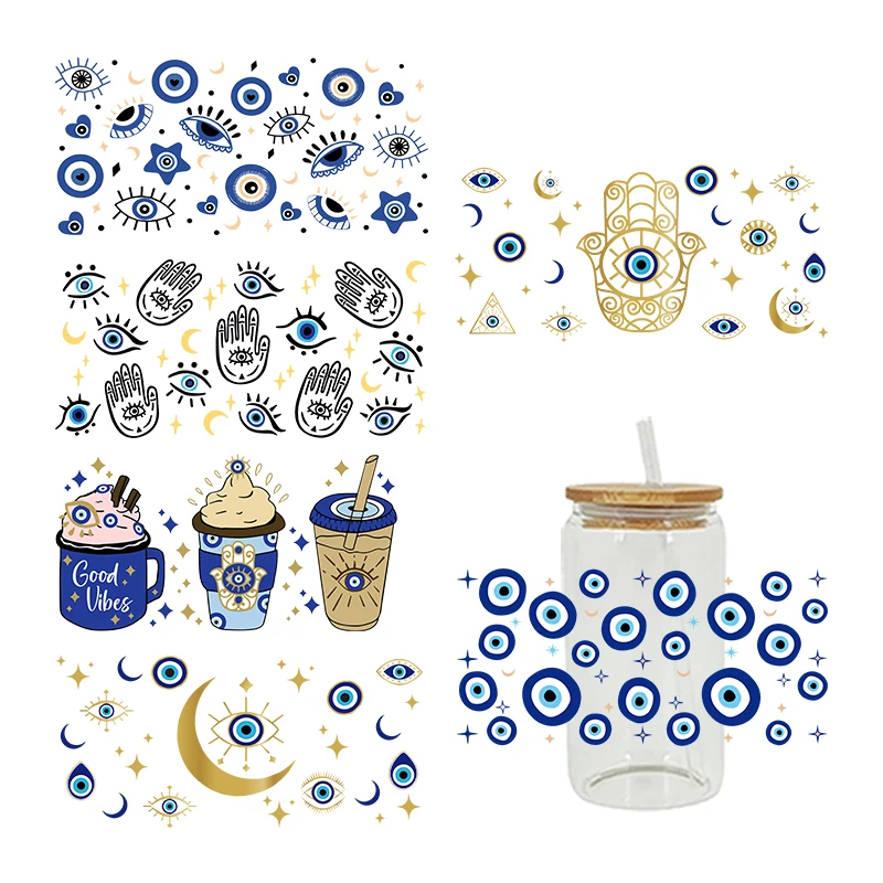 Blue Evil Eye Turkish Eye Humsa Stickers 16oz Libbey Glass Can Cup Wrap D2862 adhesive vinyl stickers glass can wrap