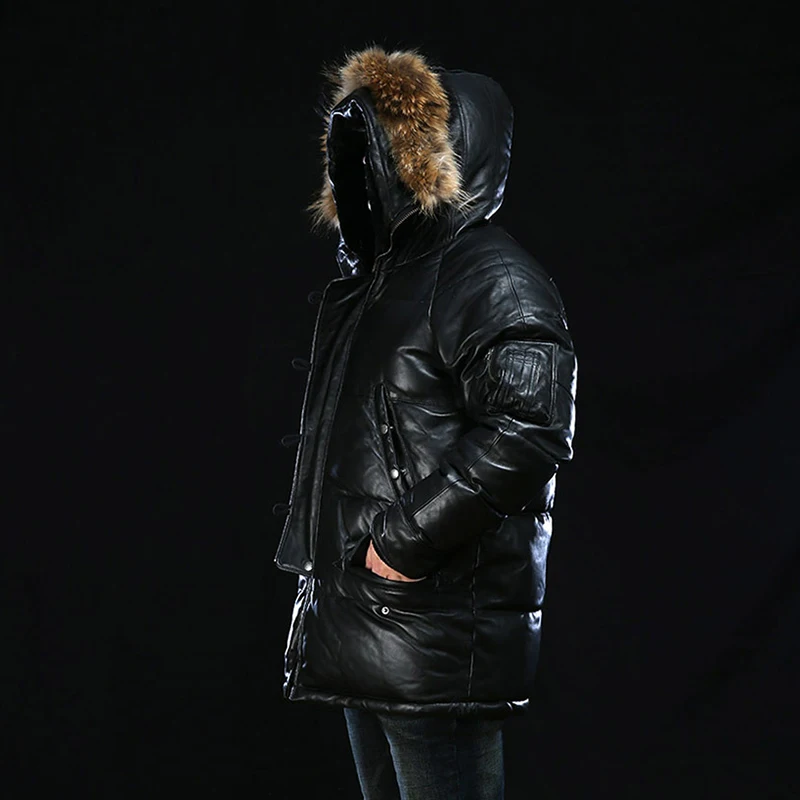 Winter High quality sheepskin Europe USA Plus Size Hooded Derma Real Leather Down Jackets Men's Fur Collar Outdoor Sports Coat