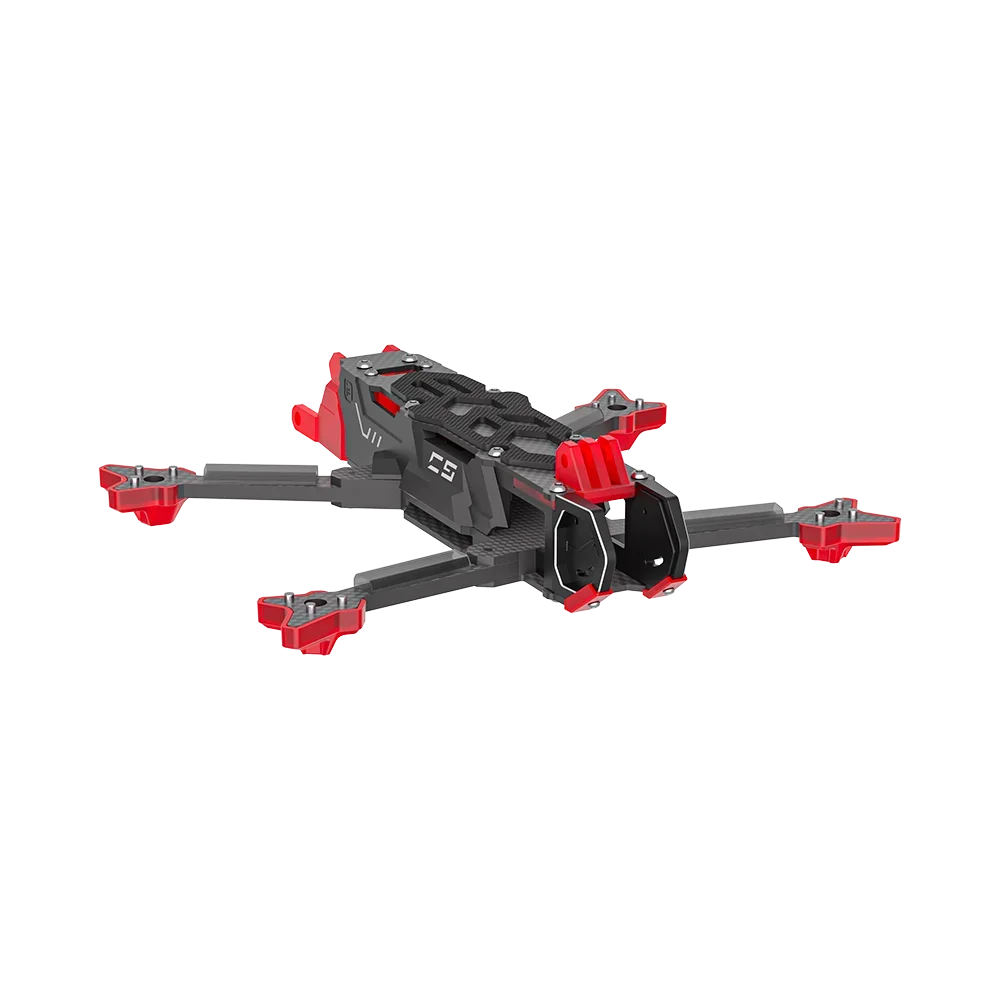 Châssis SH CineFlow 5 Frame jaune monté sur drone FPV, câbles et carte de vol visibles