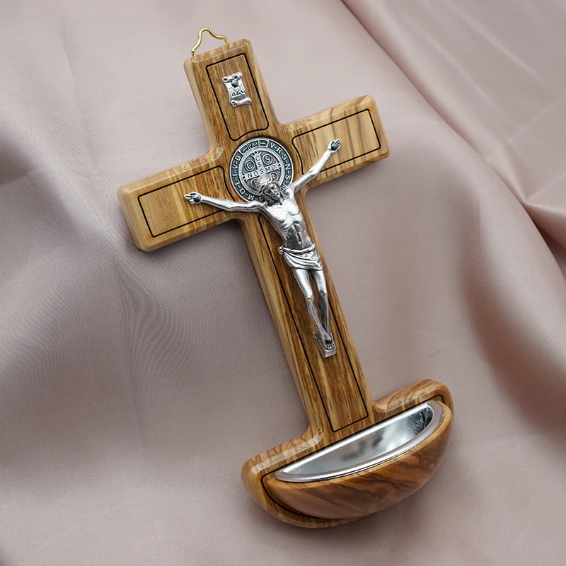 Alloy Silver Plated Saint Benedict Cross Holy Pool Pendant 19cm Italian Christ Apostle Olive Wood Prayer Wall Hanging