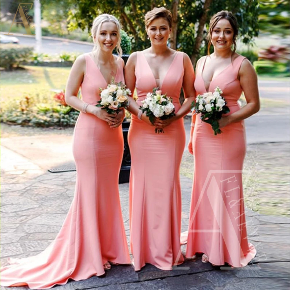 

Розовое Атласное Платье для подружек невесты, с глубоким V-образным вырезом, платье для гостей свадьбы, Элегантное Длинное платье с юбкой-годе, 2024