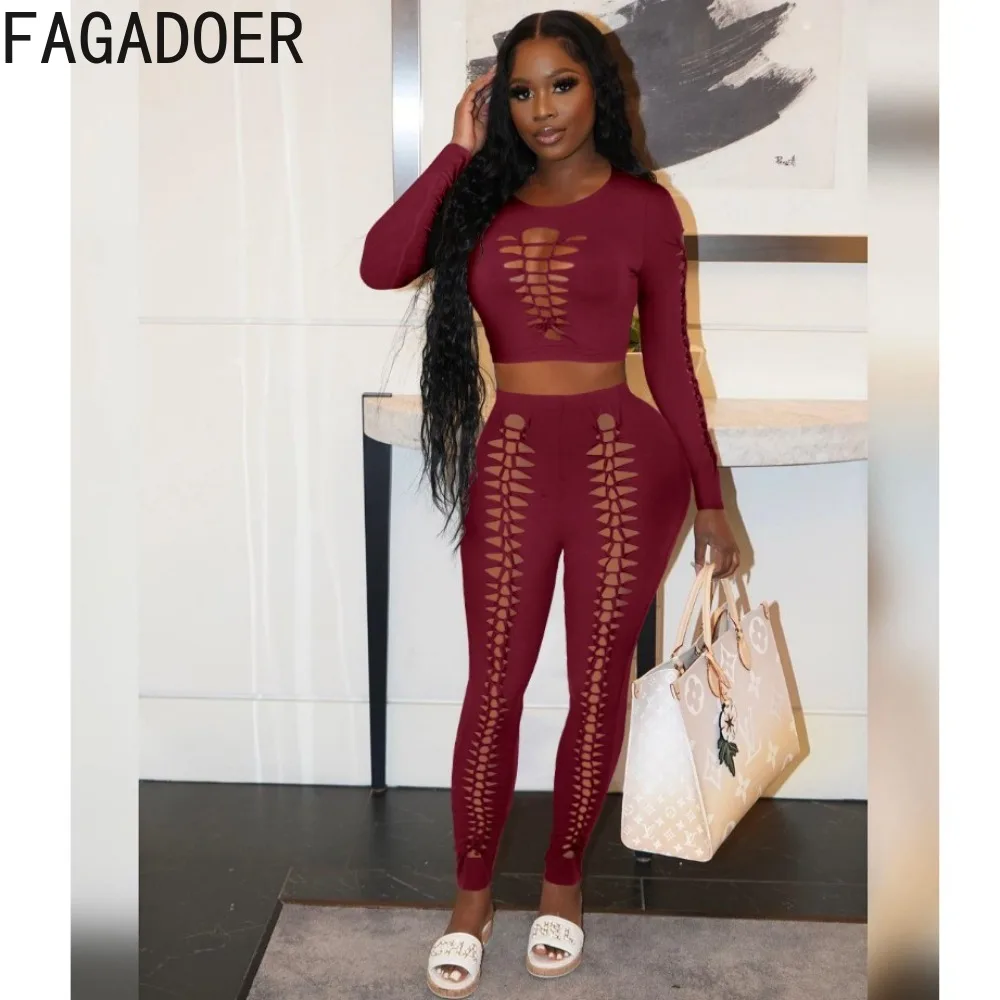 FAGADOER Black Hollow Out Slim Fit 2 Piece Sets Female Sexy Fashion Long Sleeve Crop Top Stretch Pants Outfits 2pcs Matching Set