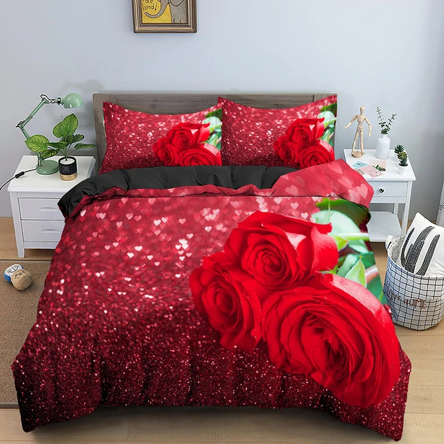 Çiçek nevresim yatak örtüsü seti tam boy nevresim takımı Polyester lüks 3D  kırmızı gül yorgan kapağı romantik nevresim 2/3 adet çift için - AliExpress