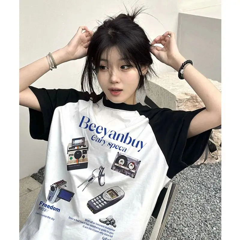 

Printed Contrast Color Raglan Sleeves Round Neck T-Shirt Loose Slim Versatile Splicing Short Sleeve Drop Shoulder Couple Top y2k