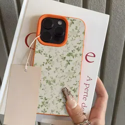 Green Leaf Pattern Lychee Soft Shockproof Phone Case Cover - iPhone 15 Plus (Orange)