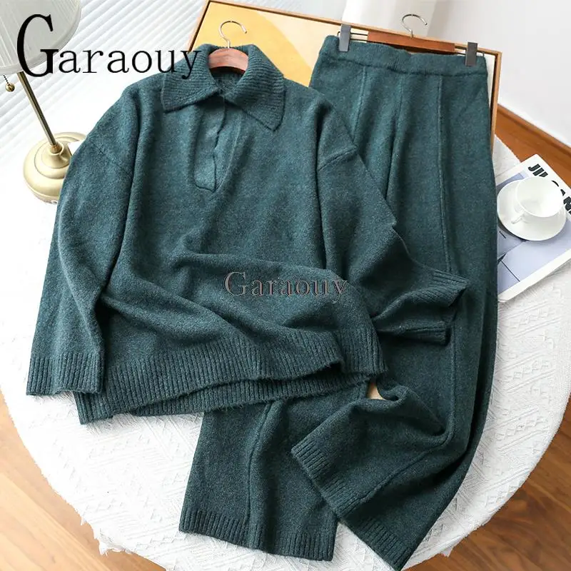 2022 Garaouy Women's Knitted Suit Winter Loose Tracksuit Warm Sweater Pants Two-piece Set Polo Collar New Casual Outfit Pullover formal pant suits