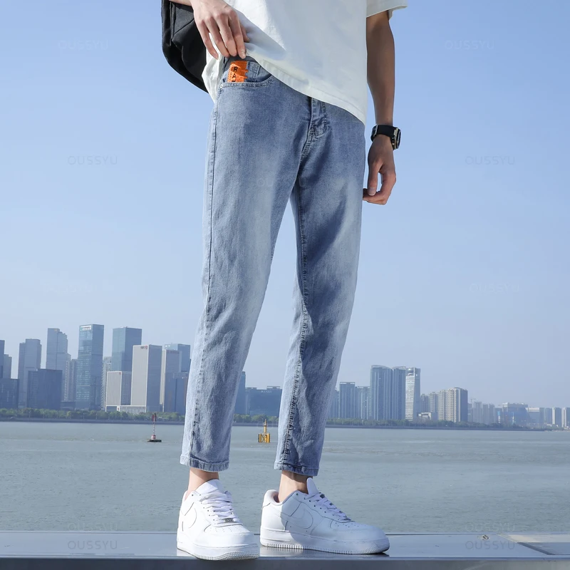 2025 New Men's Stretch Ankle Length Jeans Light blue Fashion Casual Cotton Slim Fit Denim Pants Korean Trousers Male Brand Cloth 5