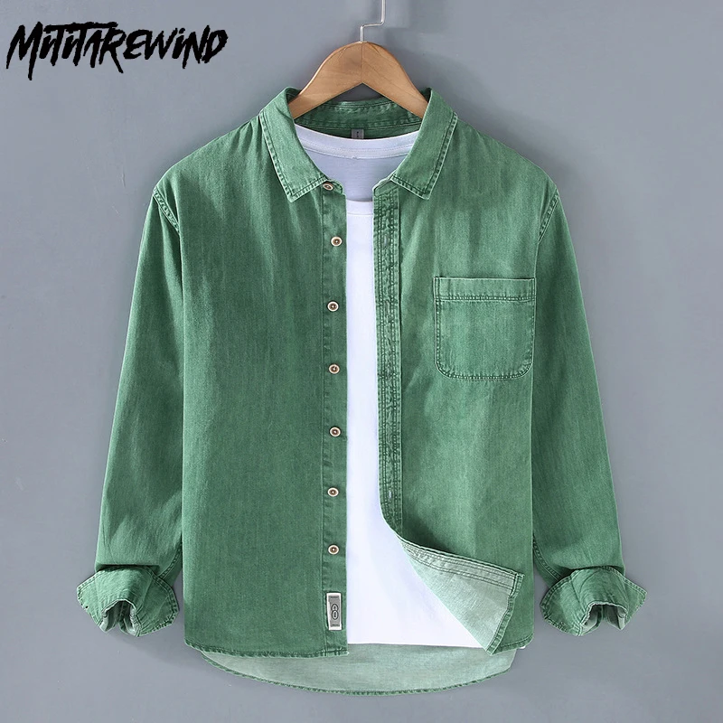 Japanese Fashion Denim Shirt Men Spring Autumn Washed Heavy Jean Tops Casual Pure Cotton Shirts