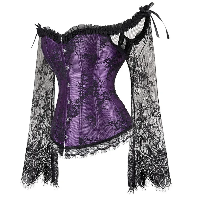 Description Picture 4 of itemWoman Corsets Bustiers Top Off Shoulder Sleeve Floral Overbust Vintage Corsetl