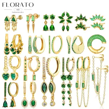 Florato 925 Sterling Silver Ear Needle Turquoise gold Series Hoop Drop Earrings For Women Vintage green Zircong fashion earrings