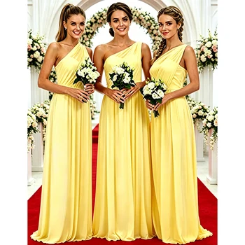 One Shoulder Lemon Yellow Bridesmaid Dresses Chiffon Floor Length a Line Pleated Wedding Guest Evening Party Gowns