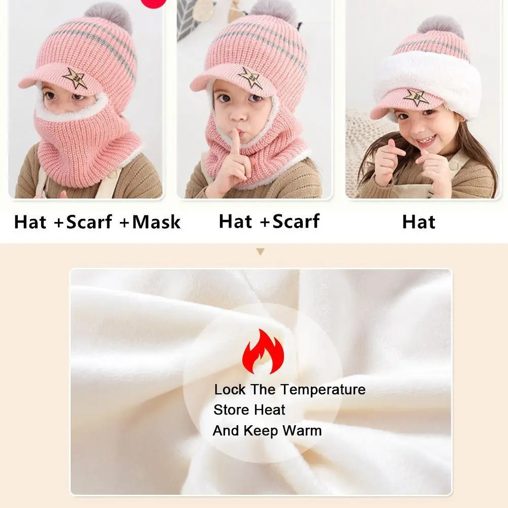 Windproof Winter Warm Balaclava Hat Scarf Fleece Lining Baseball Caps Knitted Cap Hooded Scarf Earflap  Beanie Hats
