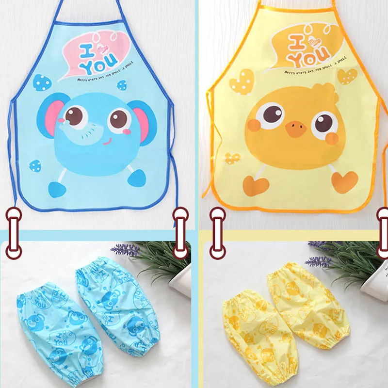 Cute Cartoon Children Eating Drinking Apron Sleeve Cover Set Baby Waterproof and Antifouling Painting Gown Kid Sleeveless Bib peva baby bibs baby cover bib cute cartoon sleeveless waterproof apron baby clothing bib baby feeding prevention