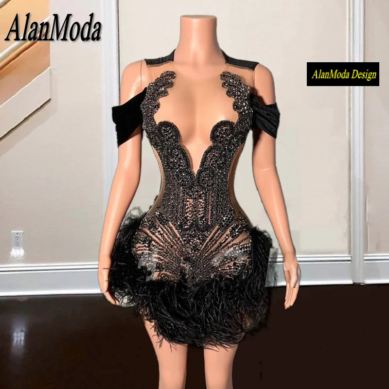 

Женское Прозрачное платье с перьями, Черное короткое платье с открытыми плечами для выпускного вечера, 2024