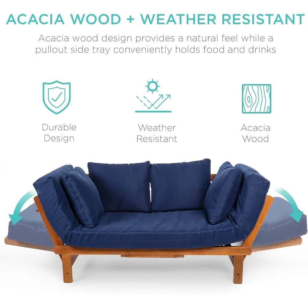 Outdoor Convertible Acacia Wood Futon Sofa Furniture for Patio, Balcony, Poolside, Backyard w/Pullout Tray,Removable Weather 4