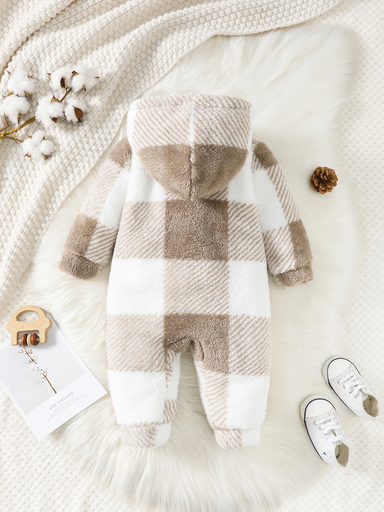 Baby Plaid Romper Hooded Plush Bodysuit