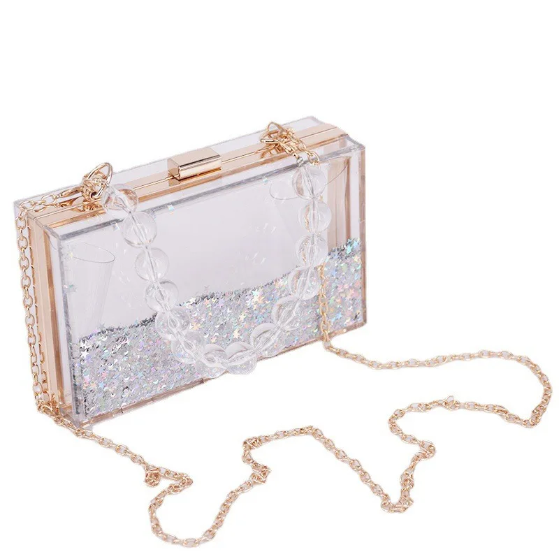 Shoulder Cosmetics Ladies Bag Y2k Transparent Liquid Sand Bead Chain Acrylic Party Wedding Handbag