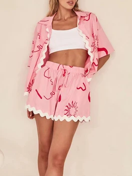 Women s Summer Loungewear Set Fashion Print Short Sleeve Lapel Button T-Shirt with Ric Rac Trim Shorts Sleepwear 5