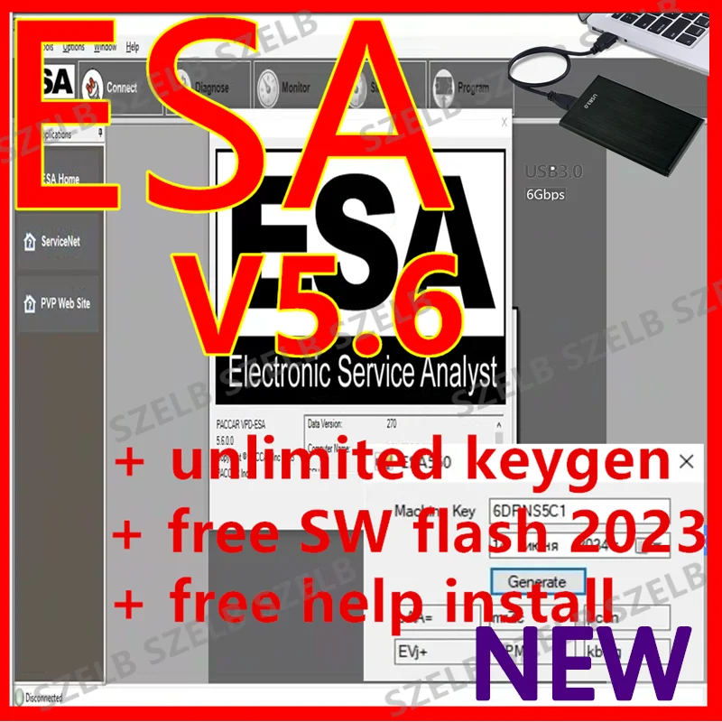 Newest ESA Electronic Service Analyst 5.6 + SW FLASH FILE + free keygen UNLOCK for Paccar free help install ESA 5.6