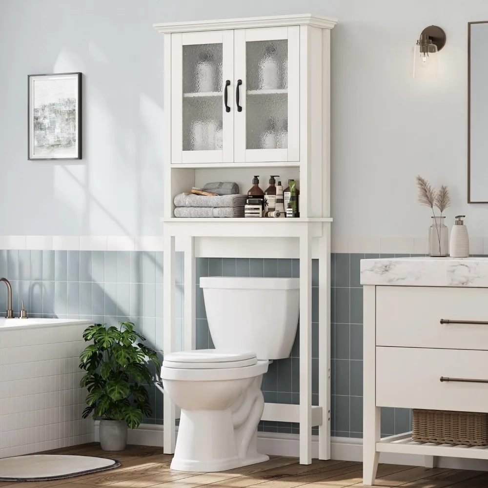 

Over The Toilet Storage Cabinet, Over Toilet Bathroom Organizer with Glass Doors and Adjustable Shelf, Thicken Frame Abov