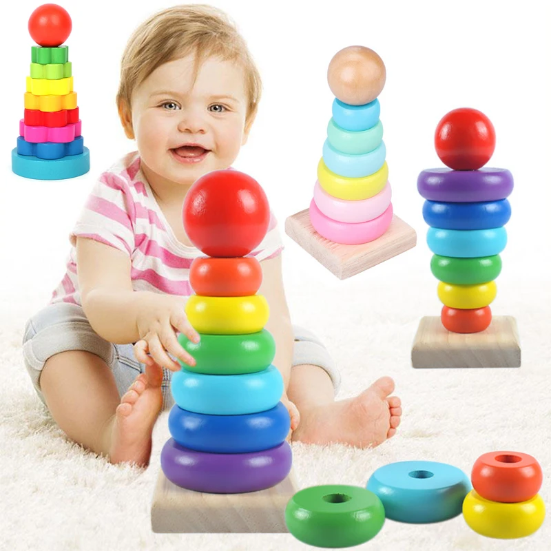 Baby Rainbow Tower Stacking Toys Montessori Wooden Colorful Stacking Puzzle Ring Early Educational Teaching Aids Baby Toys Gifts