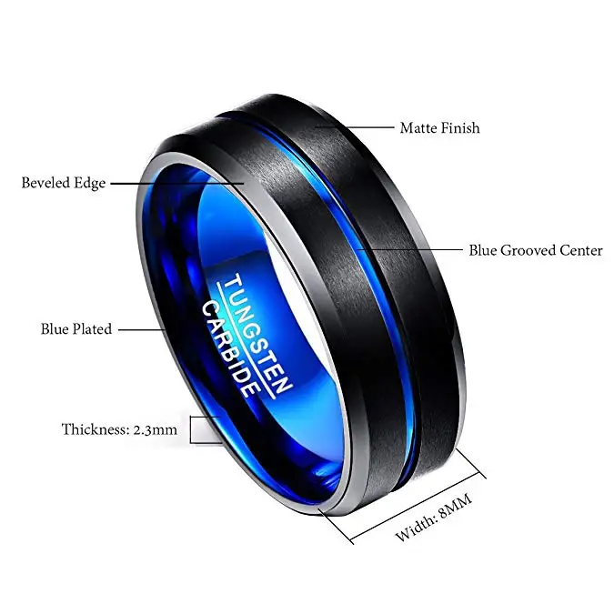 BONLAVIE  8mm Tungsten Carbide Ring Blue & Black Matte Finish Beveled Edge Men's Women Wedding Band Large Size 4 to 17 5