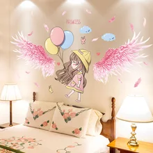

Pink Feathers Wings Wall Stickers DIY Cartoon Girl Balloons Wall Decals for Kids Rooms Baby Bedroom Nursery Home Decoration