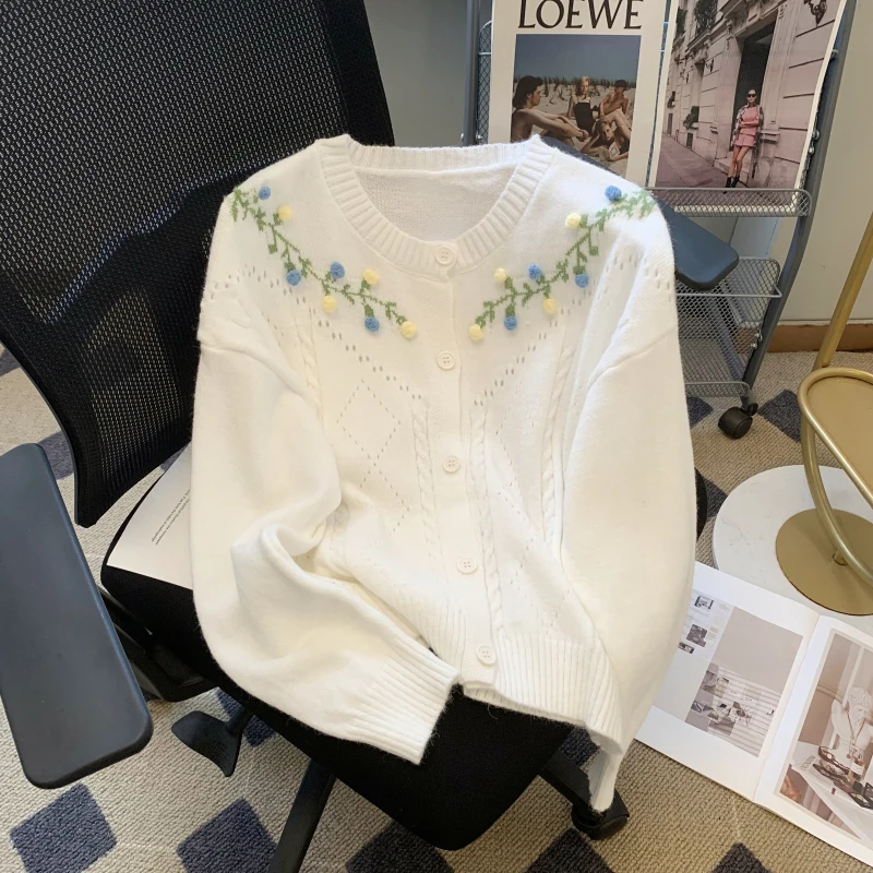 

Spring Autumn Knitted Cardigan Women 2023 Vintage O Neck Embroidery Sweater Outerwear Long Sleeve Elegant Floral Pink Cardigans