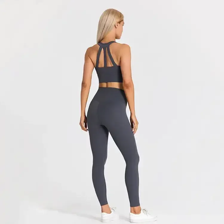 Lemon 2 Piece Nylon Gym Yoga Set Sexy High Waist Sport Legging and Sport Bra Elastic Running Fitness Workout Training Sports Set