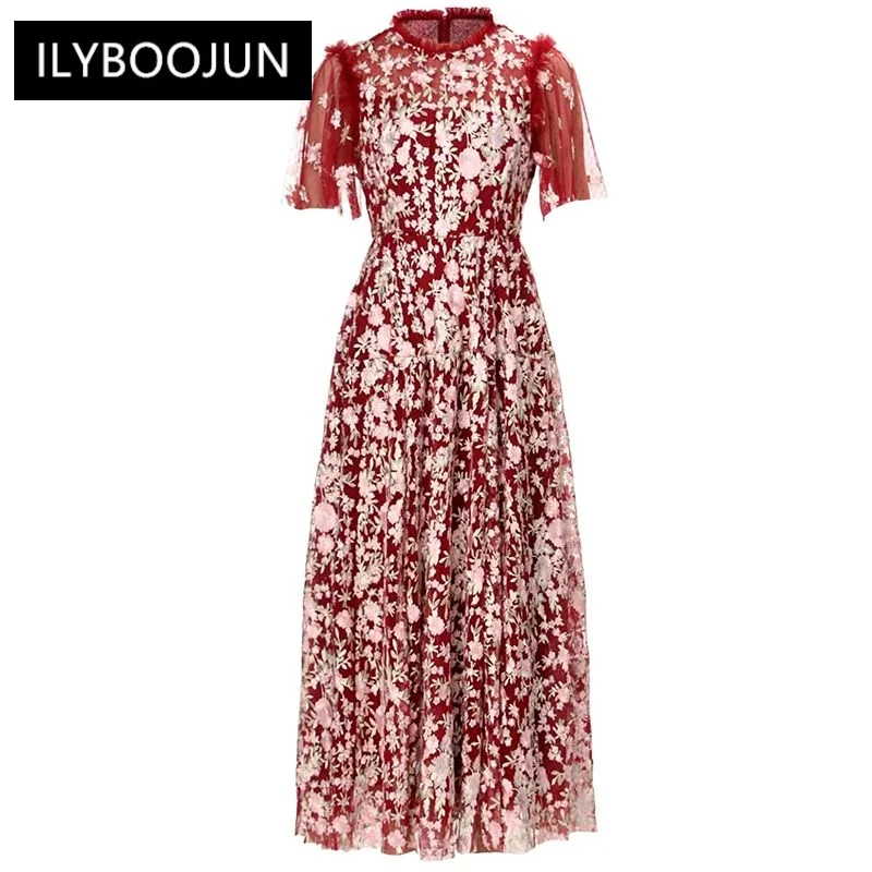 

Autumn Mesh Long Dress Women O-Neck Butterfly Sleeve Flower Embroidery Red Vintage Party Dresses
