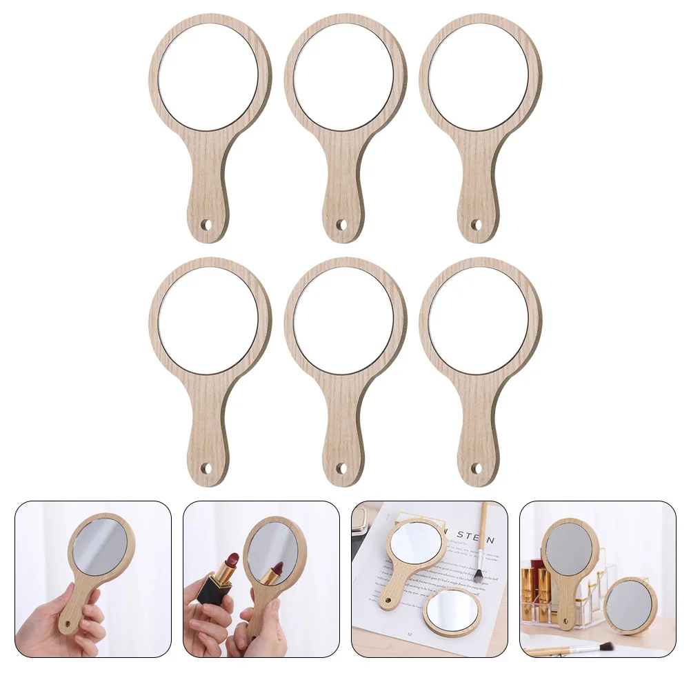 6Pcs Wood Hand Mirrors Handheld Mirror with Handle Vanity Travel Mirror for Barbershops Self Haircut Hairdressing Makeup