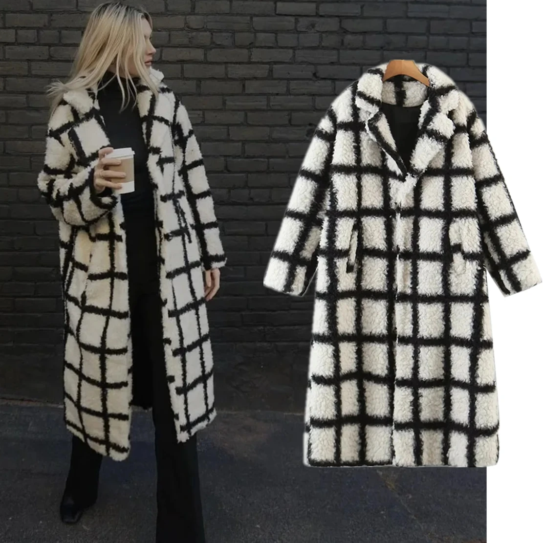 

Jenny&Dave Ins Blogger Retro Plaid Drop Shoulder Loose Lamb Fashion Hair Long Coat Trench Coat Women