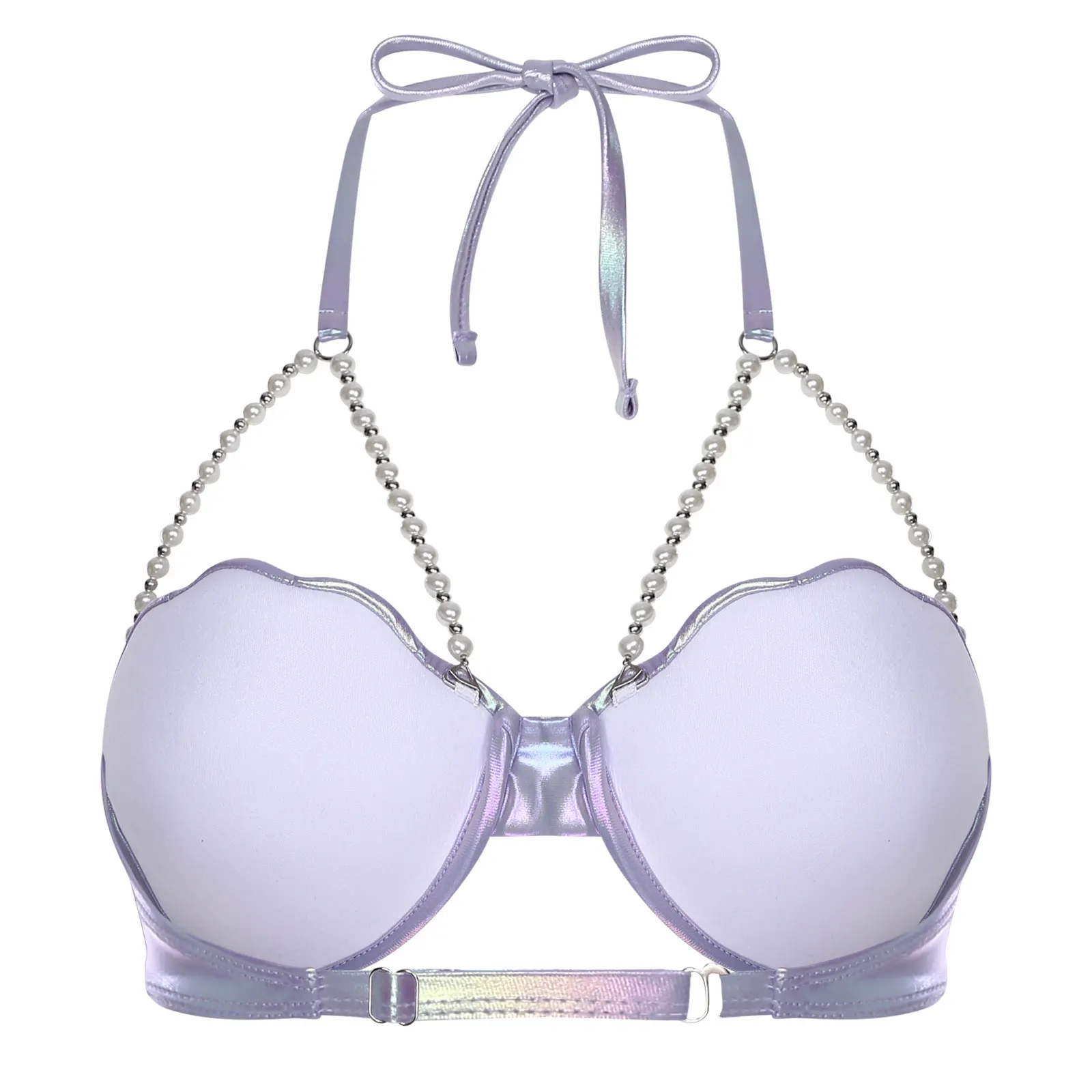Damen-Bikini-Badebekleidung, BH-Oberteil, Neckholder, Perlenketten, Glitzer, schaumstoffförmig, leicht gepolsterter BH, Meerjungfrauen-Badeoberteil, Badeanzug – Detail 15
