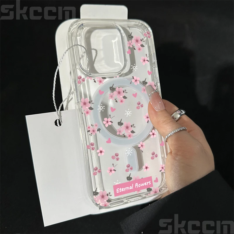 Pink Flower Transparent Shockproof Phone Case with Magnetic Wireless Charging Capability