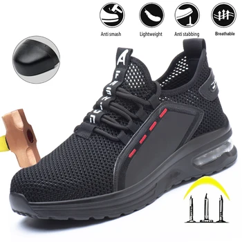 Scarpe antinfortunistiche estive in rete da uomo Puntale in acciaio Scarpe da lavoro leggere e traspiranti anti-schiacciamento Tomaia in maglia Kevlar a prova di inserimento