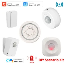 

Tuya Wireless PIR Detector Movements Sensors Door Window Sensor works with 100DB Siren Alarm Security Scenario Set Alexa Google
