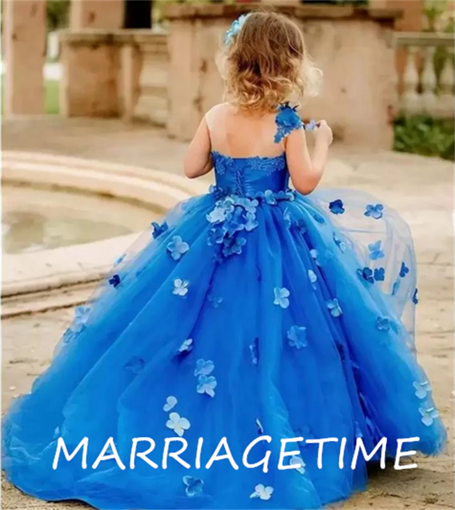 

Royal Blue Puffy Flower Girl Dresses For Wedding 3D Appliqued Ball Gown Pageant Party Tulle Dress Kid First Communion Dress